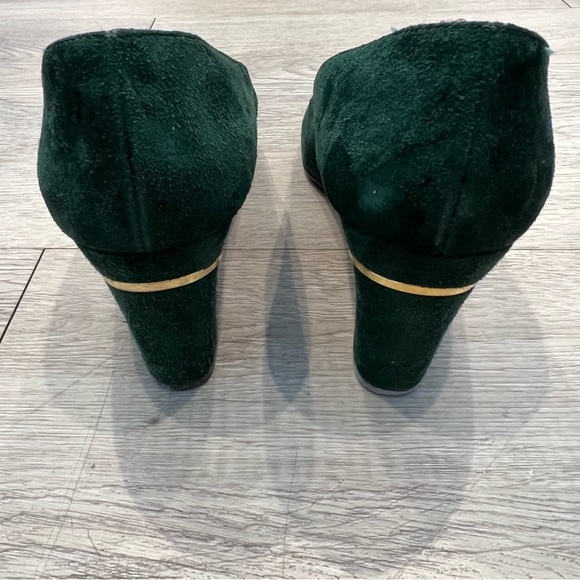SAKS 5TH AVENUE Pump Fat Heel Suede Brass Square-Toe Forest Green 6AA Vintage​ - Picture 5 of 12